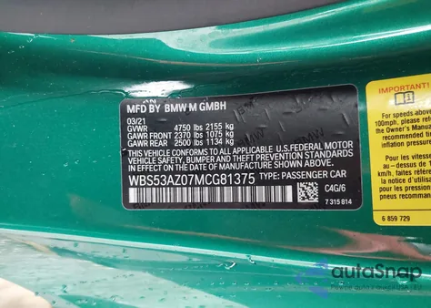 2021 BMW M4 z USA, uszkodzony, nr VIN WBS53AZ07MCG81375